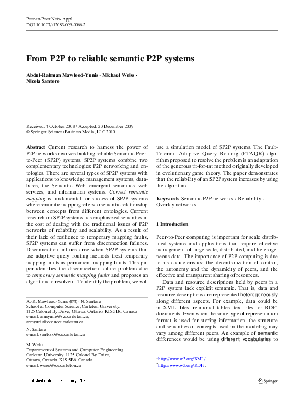 (PDF) From P2P to reliable semantic P2P systems