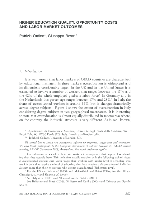 (PDF) Higher Education Quality, Opportunity Costs and Labor Market Outcomes