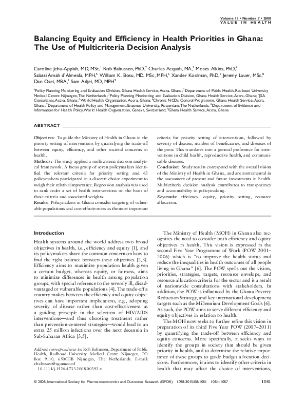 (PDF) Balancing Equity and Efficiency in Health Priorities in Ghana ...