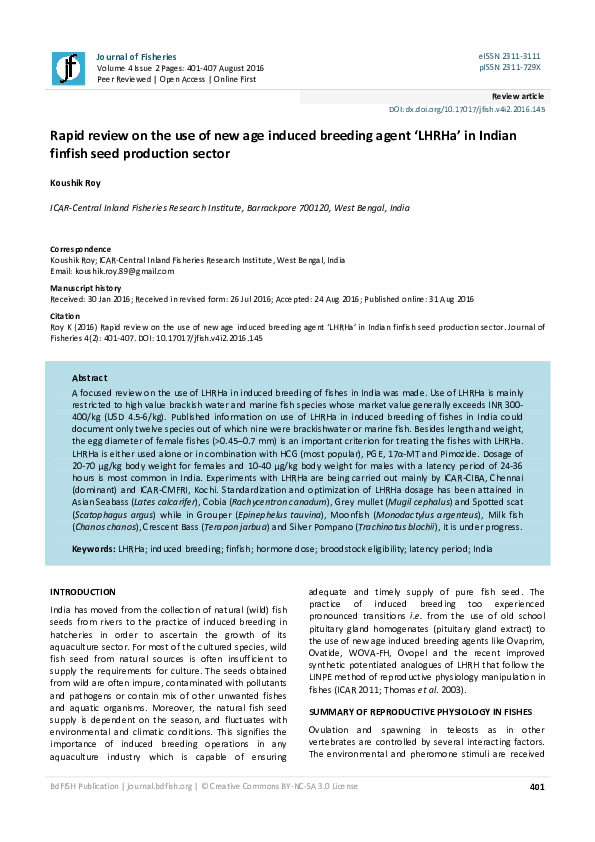 (PDF) Rapid review on the use of new age induced breeding agent 'LHRHa' in Indian finfish seed