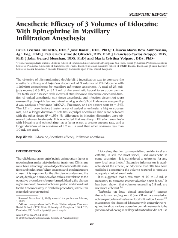 (PDF) Anesthetic Efficacy of 3 Volumes of Lidocaine With Epinephrine in ...