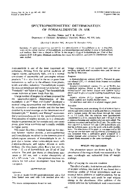 (PDF) Spectrophotometric determination of formaldehyde in air