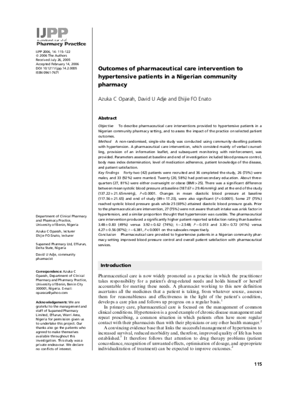 (PDF) Outcomes of pharmaceutical care intervention to hypertensive ...