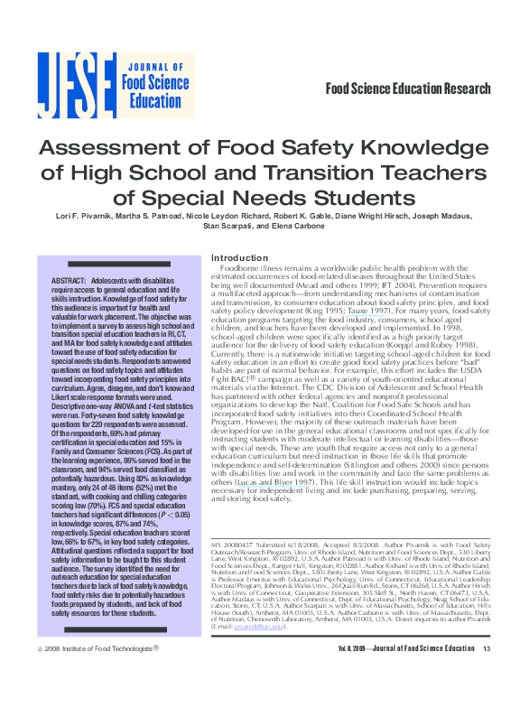 (PDF) Assessment of Food Safety Knowledge of High School and Transition ...