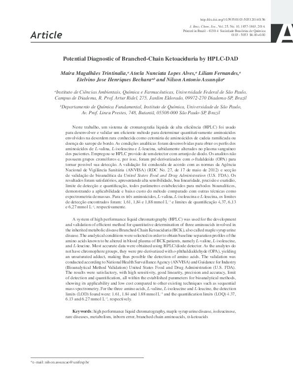 (PDF) Potential Diagnostic of BranchedChain Ketoaciduria by HPLCDAD