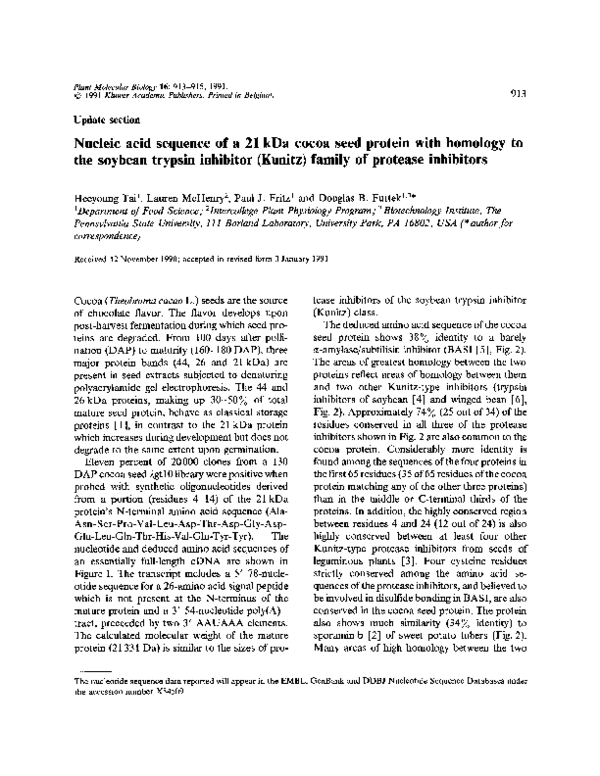 (PDF) Nucleic acid sequence of a 21 kDa cocoa seed protein with