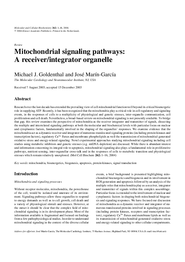 (PDF) Mitochondrial signaling pathways: A receiver/integrator organelle