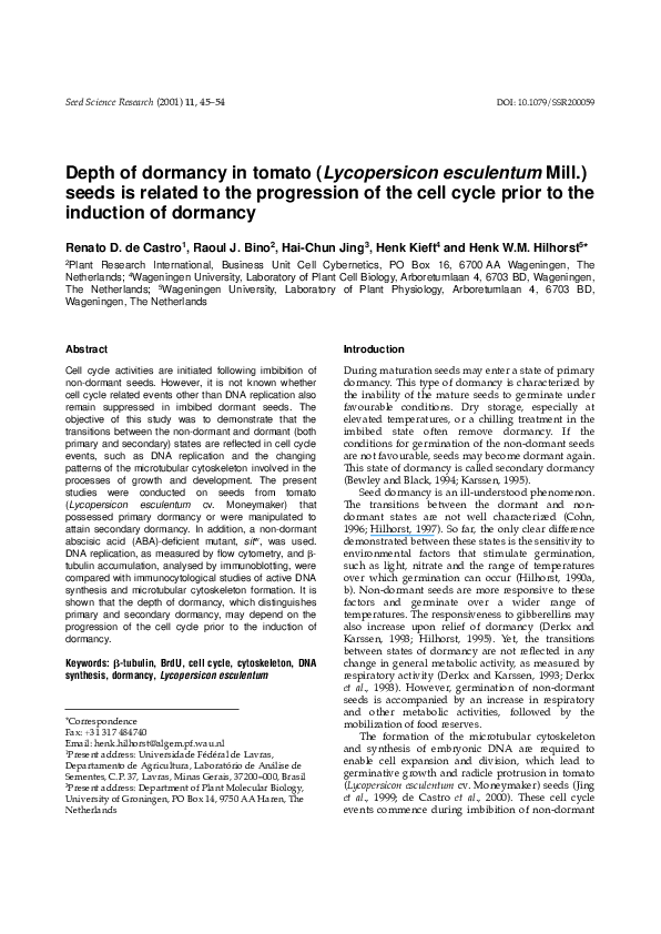 (PDF) Depth of dormancy in tomato seeds is related to the progression