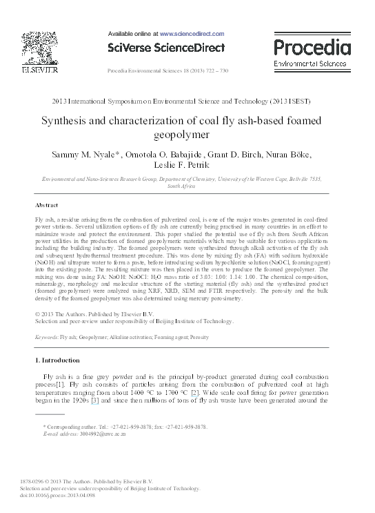 (PDF) Synthesis and Characterization of Coal Fly Ash-based Foamed ...