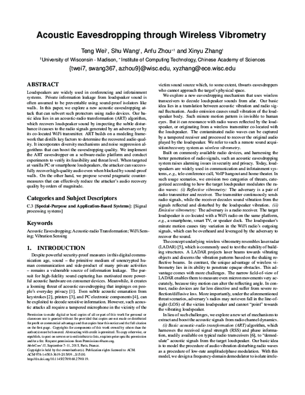 (PDF) Acoustic Eavesdropping through Wireless Vibrometry Enzo Lazo