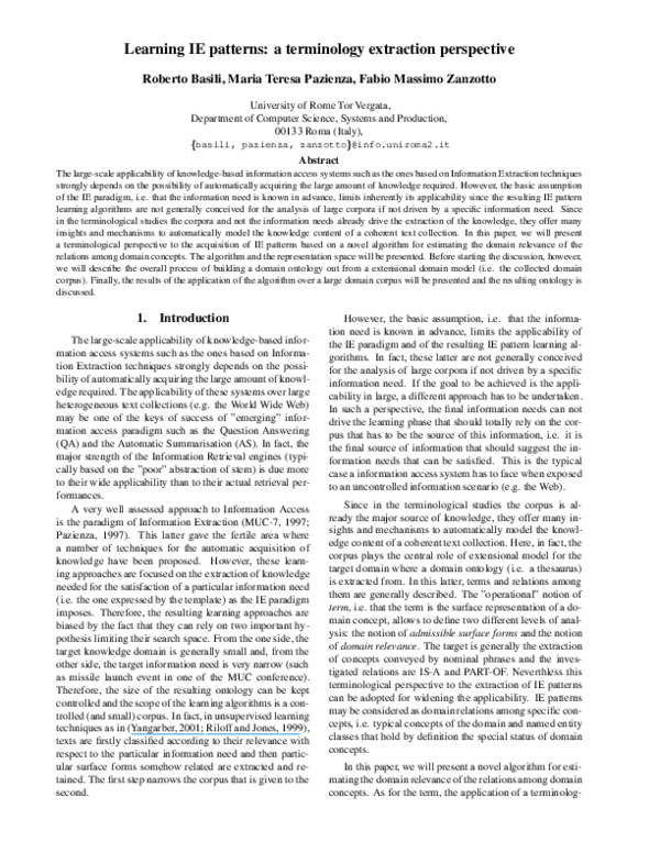 (PDF) Learning IE Patterns: a Terminology Extraction Perspective