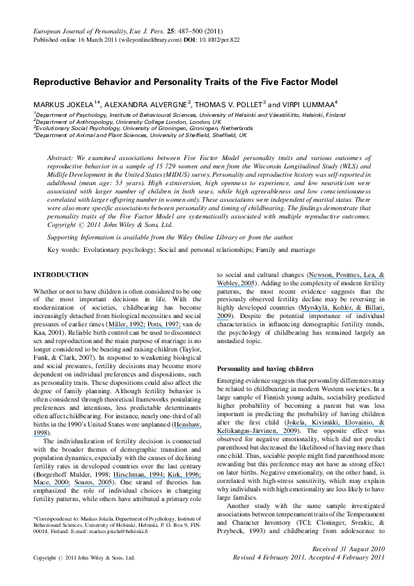 (PDF) Reproductive behavior and personality traits of the Five Factor Model