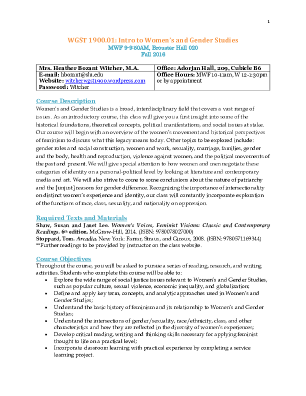 (PDF) WGST 1900.01: Intro to Women's and Gender Studies Syllabus