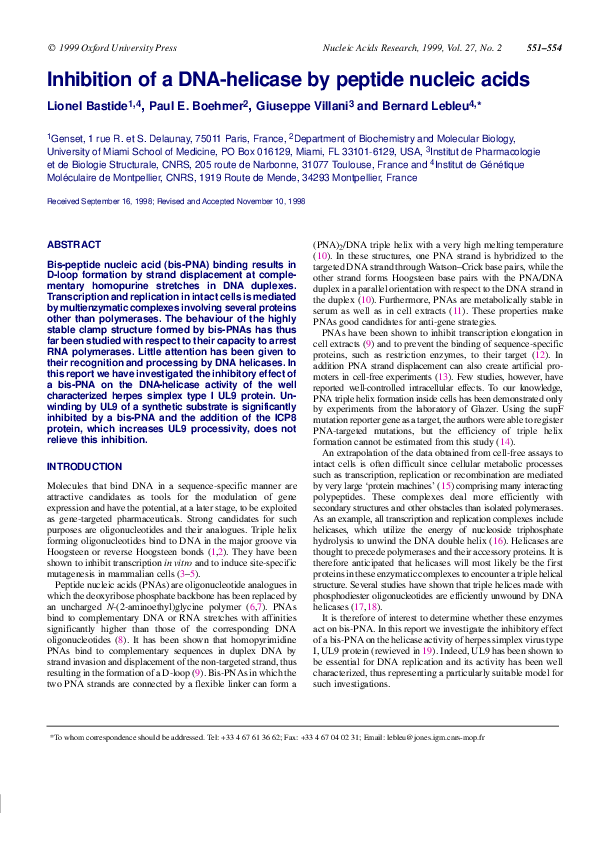 (PDF) Inhibition of a DNA-helicase by peptide nucleic acids