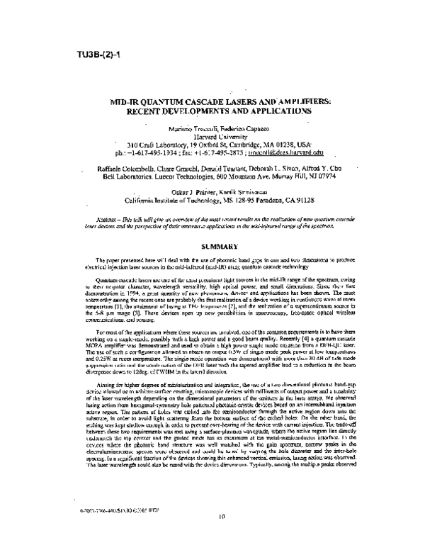 (PDF) Mid-IR quantum cascade lasers and amplifiers: recent developments ...