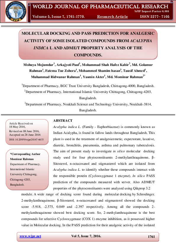 (PDF) MOLECULAR DOCKING AND PASS PREDICTION FOR ANALGESIC ACTIVITY OF ...