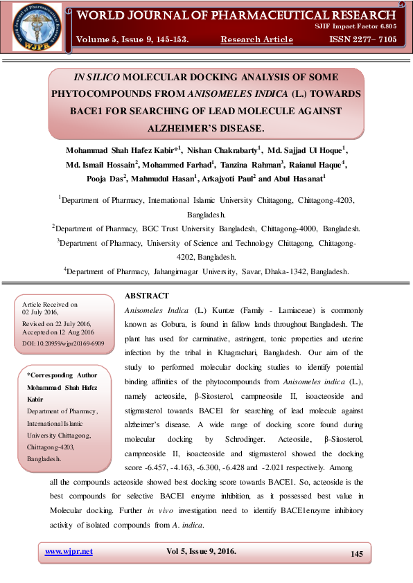 (PDF) IN SILICO MOLECULAR DOCKING ANALYSIS OF SOME PHYTOCOMPOUNDS FROM ...