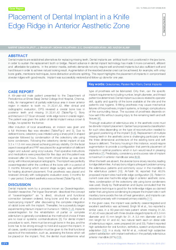 (PDF) Placement of dental implant in a knife edge ridge in anterior ...