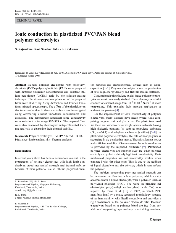 (PDF) Ionic conduction in plasticized PVC/PAN blend polymer electrolytes