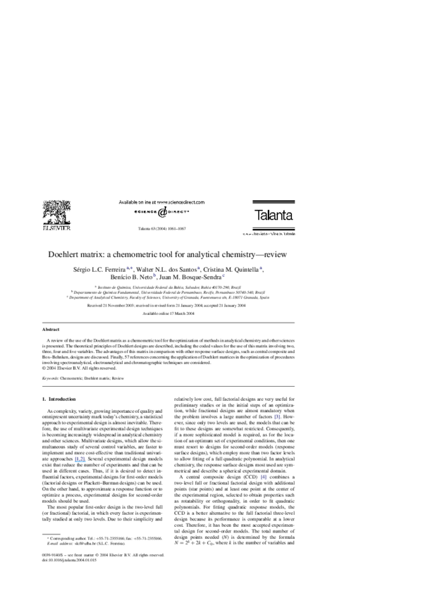 (PDF) Doehlert matrix: a chemometric tool for analytical chemistry?review