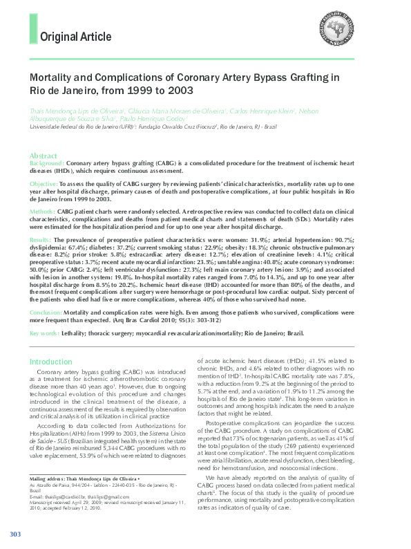 (PDF) Mortality and complications of coronary artery bypass grafting in ...