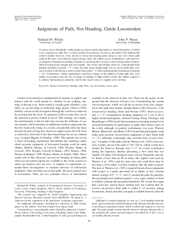 (PDF) Judgments of path, not heading, guide locomotion.