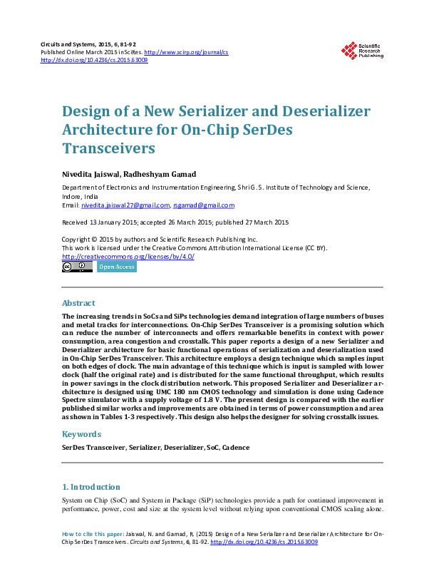 (PDF) Design of a New Serializer and Deserializer Architecture for On