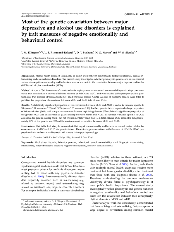(PDF) Most of the genetic covariation between major depressive and ...