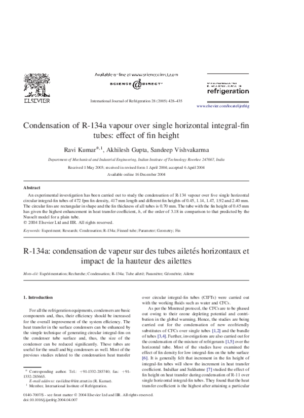 (PDF) Condensation of R-134a vapour over single horizontal integral-fin ...