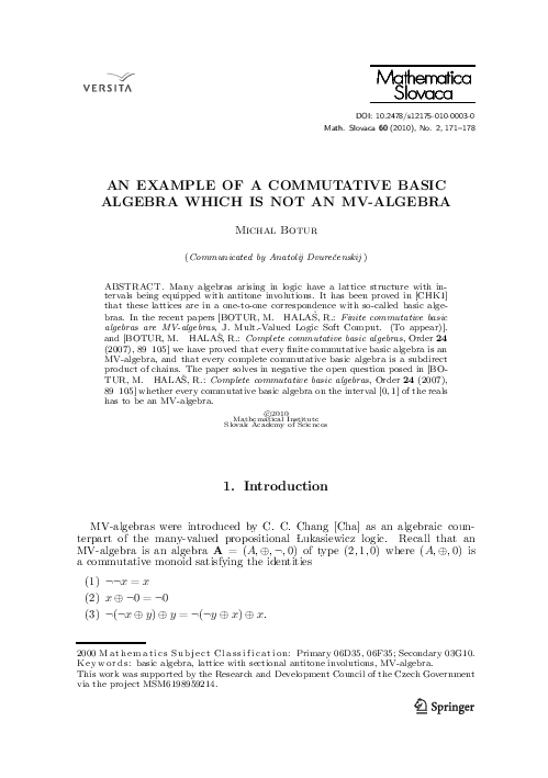 (PDF) An example of a commutative basic algebra which is not an MV-algebra