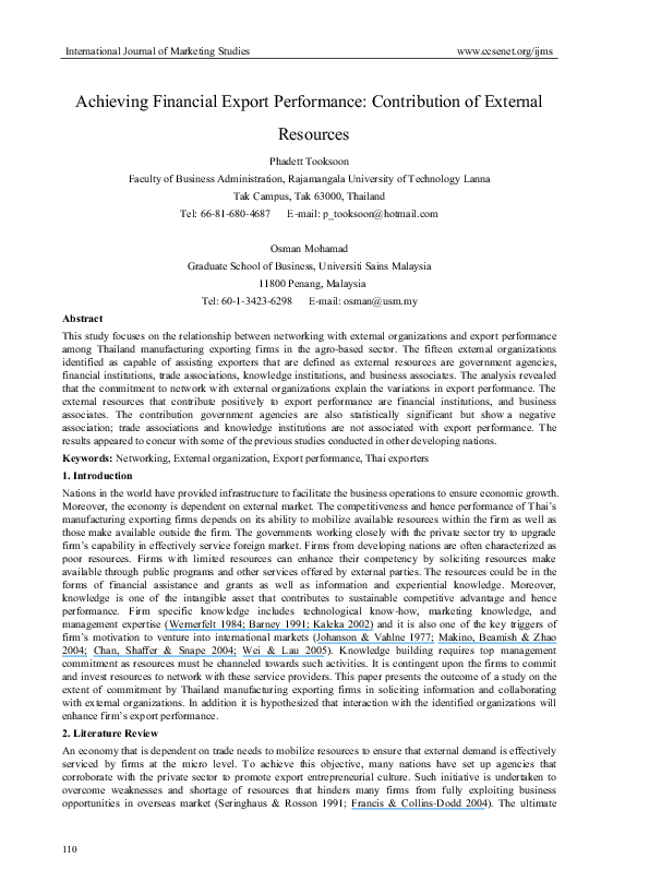 (PDF) Achieving Financial Export Performance: Contribution of External ...