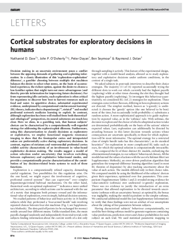 (PDF) Cortical substrates for exploratory decisions in humans