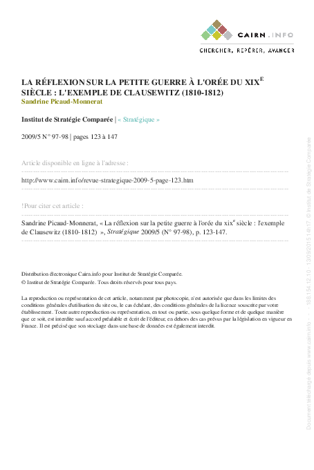 "La réflexion sur la petite guerre à l'orée du XIXe siècle : l'exemple de Clausewitz (1810-1812)" [Full text available, see the PDF or the link CAIRN - Abstract in English below / Résumé en français ci-dessous]