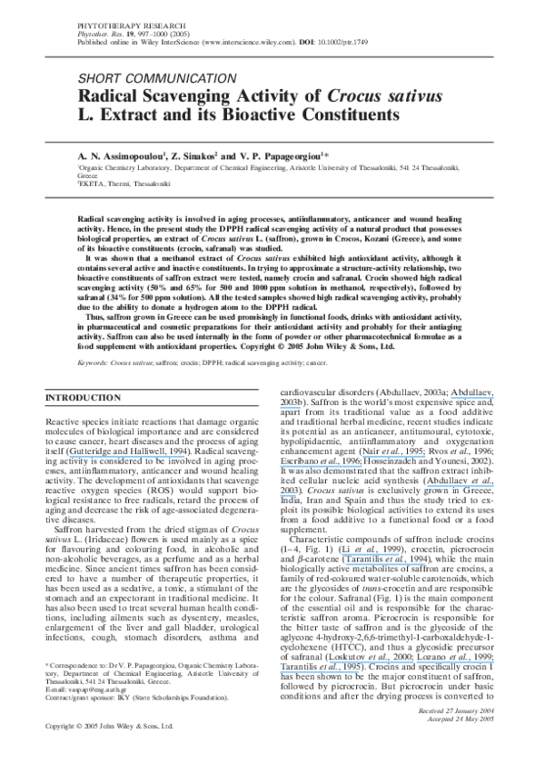 (PDF) Radical scavenging activity ofCrocus sativus L. extract and its ...