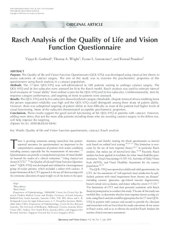 (PDF) Rasch Analysis of the Quality of Life and Vision Function