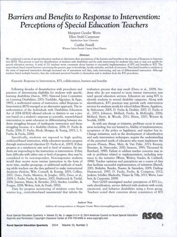(PDF) Barriers and benefits to response to intervention: Perceptions of ...