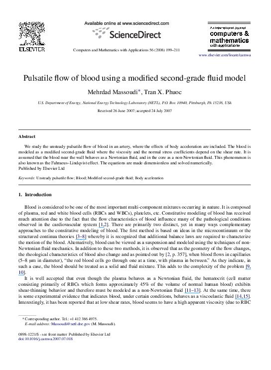 (PDF) Pulsatile flow of blood using a modified second-grade fluid model