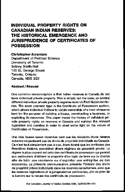 (PDF) Individual Property Rights on Canadian Indian Reserves: The ...