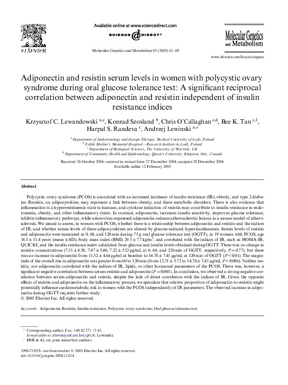 (PDF) Adiponectin and resistin serum levels in women with polycystic ...