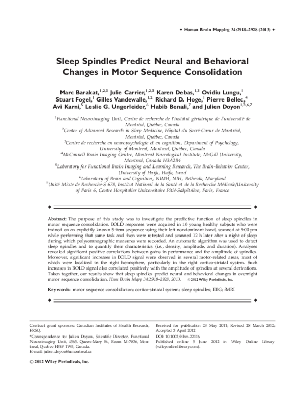 (PDF) Sleep spindles predict neural and behavioral changes in motor ...