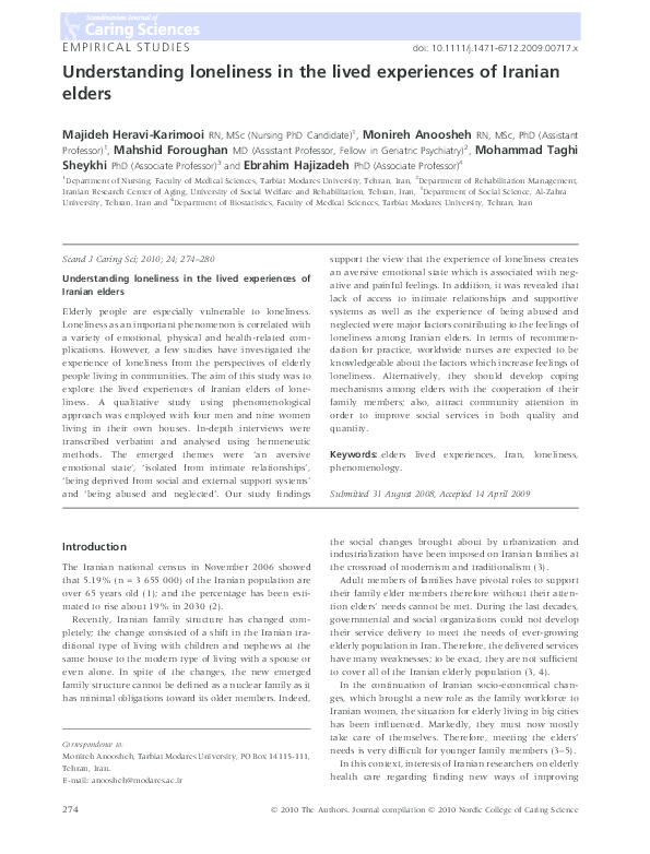 (PDF) Understanding loneliness in the lived experiences of Iranian ...