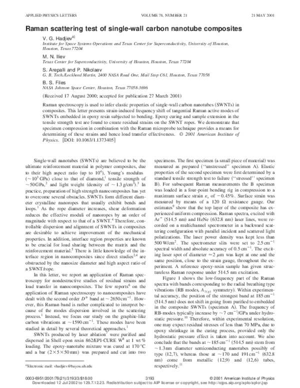 (PDF) Raman scattering test of single-wall carbon nanotube composites
