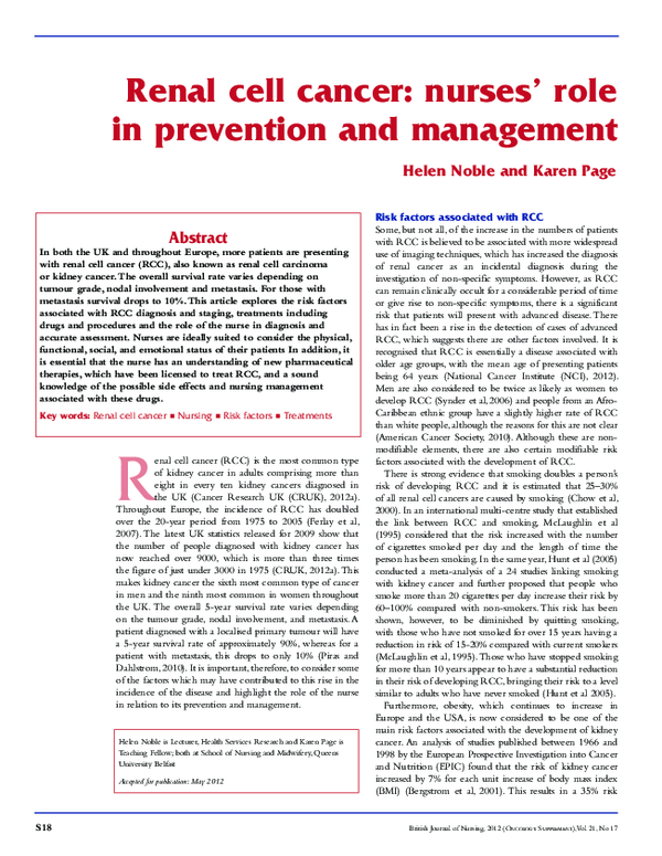 (PDF) Renal cell cancer: nurses' role in prevention and management