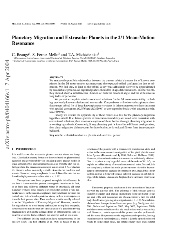 (PDF) Planetary migration and extrasolar planets in the 2/1 mean-motion ...