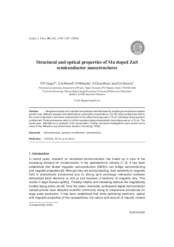 (PDF) Structural and optical properties of Mn doped ZnS semiconductor ...