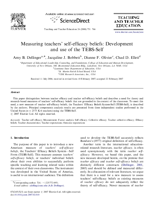 (PDF) Measuring teachers’ self-efficacy beliefs: Development and use of ...