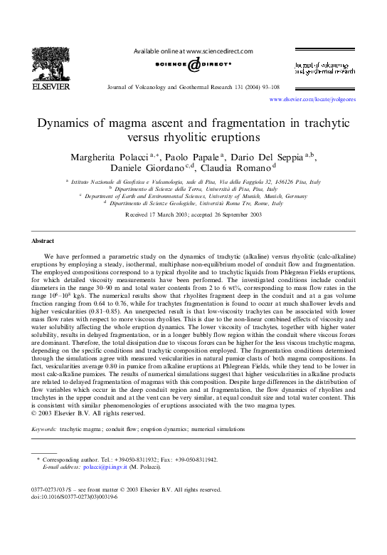 (PDF) Dynamics of magma ascent and fragmentation in trachytic versus ...