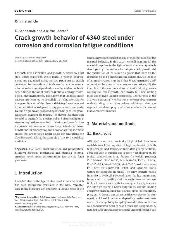(PDF) Corros Rev 2015; aop Crack growth behavior of 4340 steel under ...