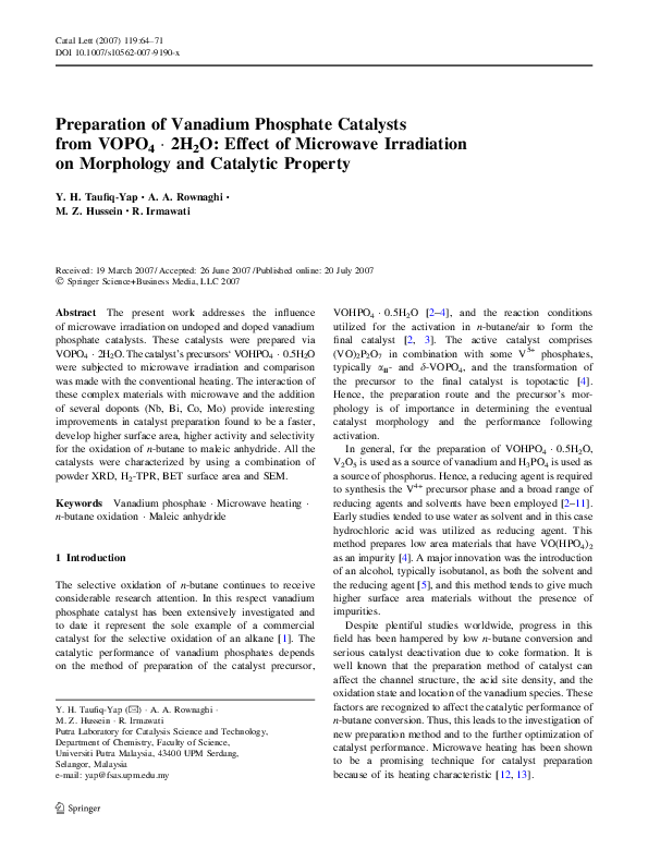 (PDF) Preparation of Vanadium Phosphate Catalysts from VOPO 4 · 2H 2 O