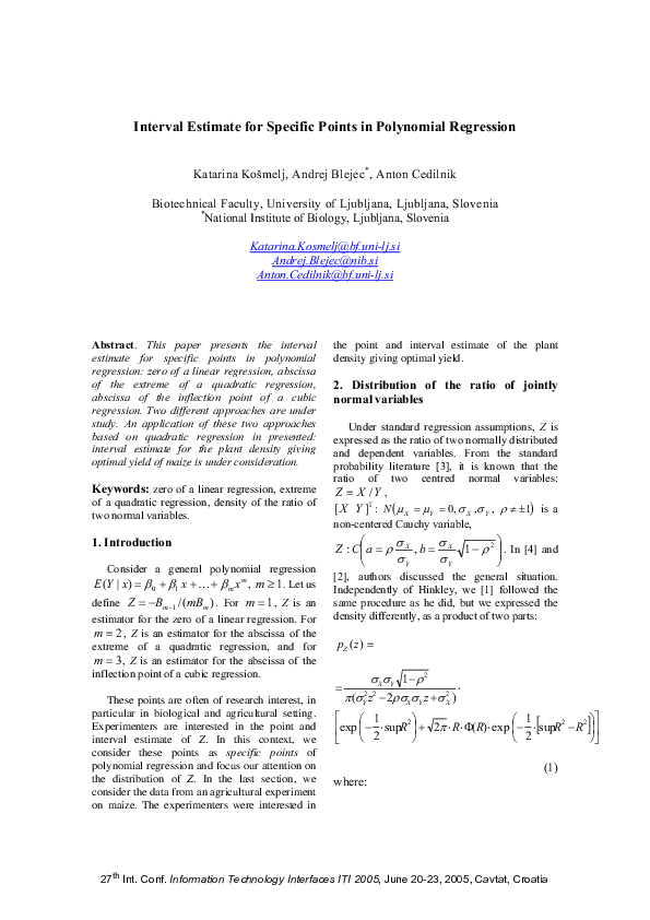 Pdf Interval Estimate For Specific Points In Polynomial Regressions Andrej Blejec Academia Edu